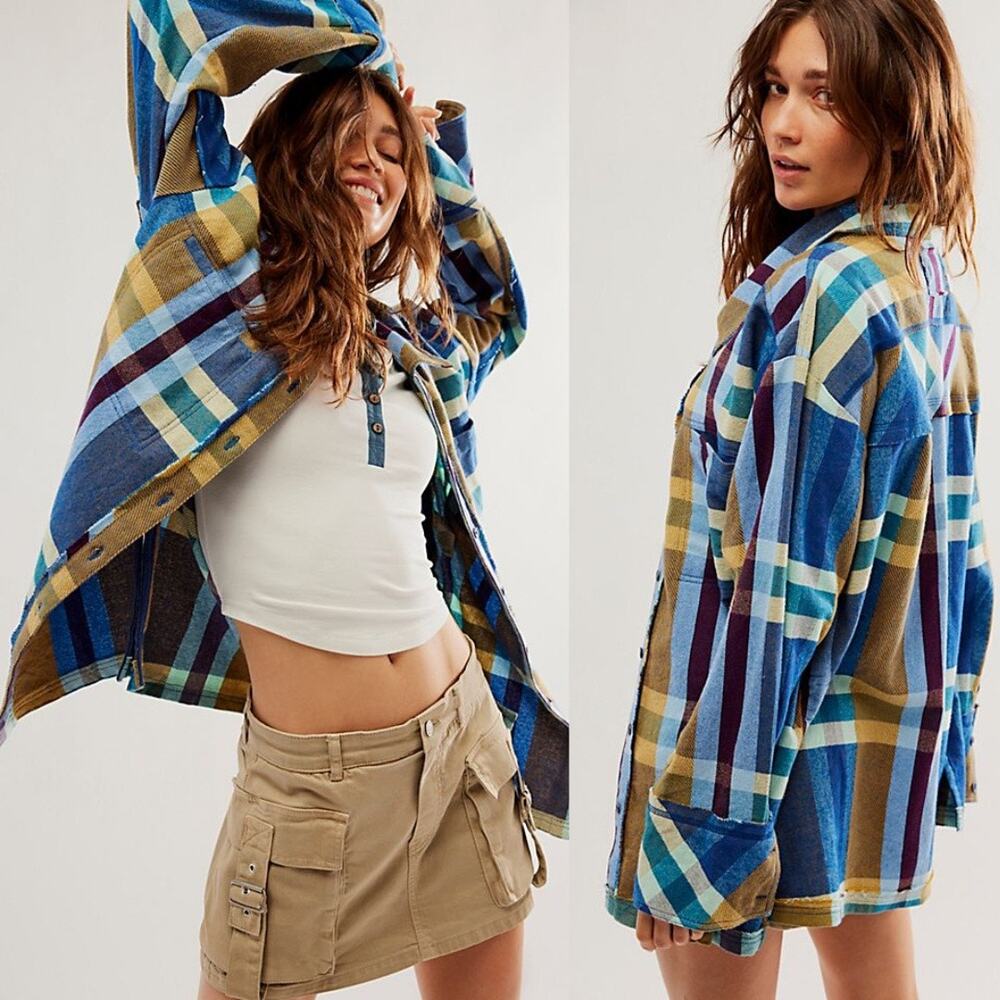 NEW Free People We The Free So Long Summer Plaid Top Blue Tan Small Shacket - Picture 2 of 8